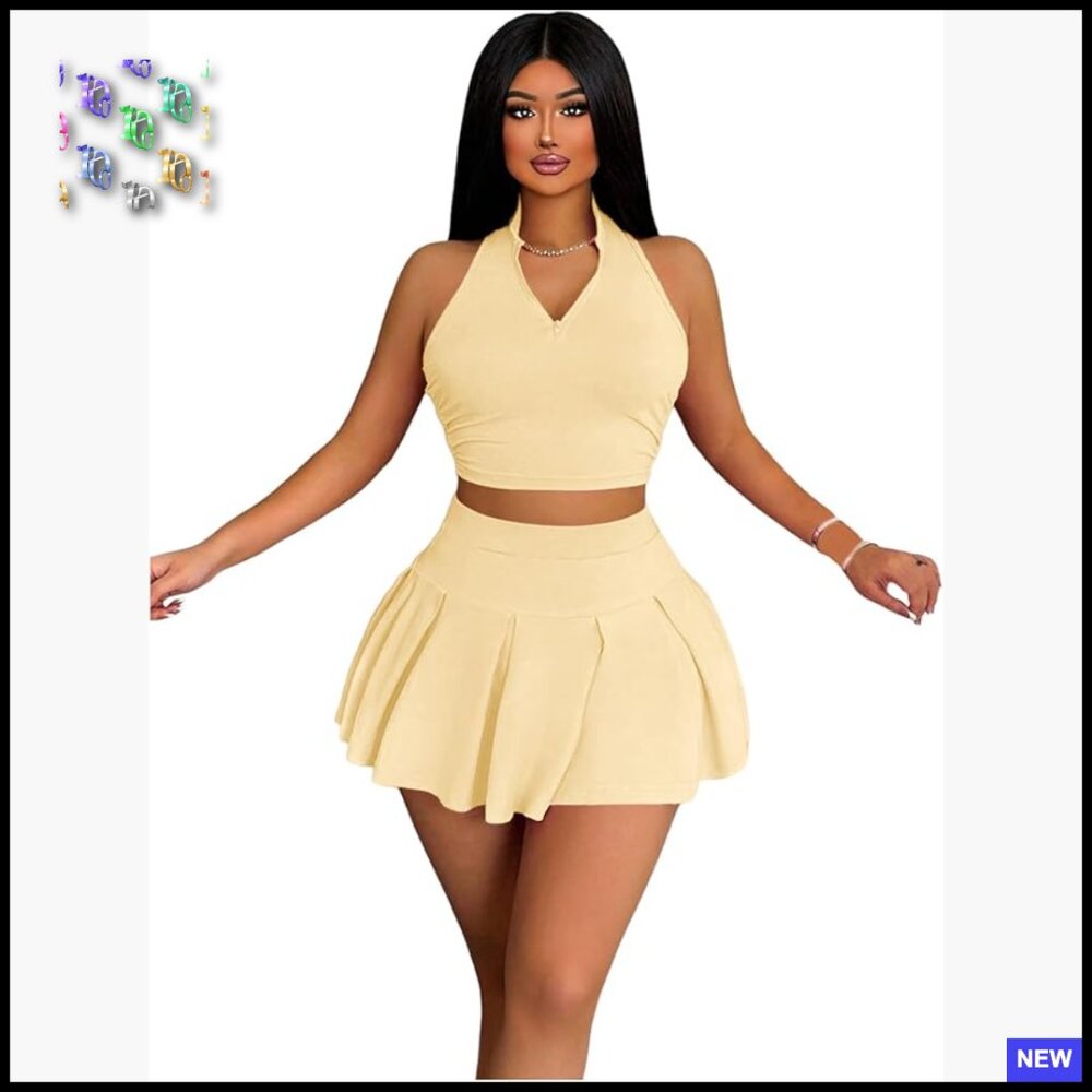 Two Piece Tennis Skirt Set Racerback Crop Tank Pleated Mini Skirt Outfit